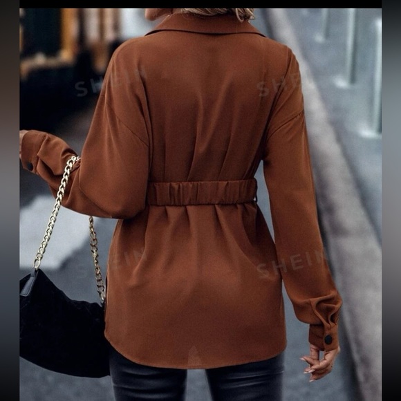 NWOT Shein Drop Shoulder Button Front Belted Shirt - Rust Brown Sz L - Picture 2 of 3
